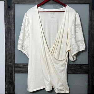 Super Soft by Torrid Rib Knit Faux Wrap Top Lace Sleeves Cream Women's 5X NWOT